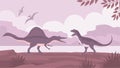 Carnivorous lizard carnotaurus against spinosaurus on the background of a prehistoric landscape