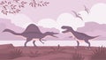Carnivorous lizard tyrannosaur against spinosaurus on the background of a prehistoric landscape