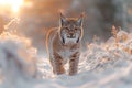 Lynx, a Carnivore Felidae Cat, with whiskers, standing in snow, gazing at camera