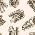 Carnivorous reptile dinosaur fossils seamless pattern. Trex fossilized skull wallpaper. Archosaurus rossicus and Prestosuchus