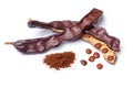 Carob beans. Healthy organic sweet carob pods on white background