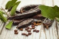 Carob beans. Healthy organic sweet carob pods Royalty Free Stock Photo