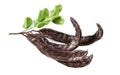 Carob. Healthy organic sweet carob pods with seeds and leaves isolated on white. Healthy eating, food background Royalty Free Stock Photo