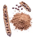 Carob pod and carob powder on the white background Royalty Free Stock Photo