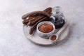 Carob pods, powder and molasses or syrup Royalty Free Stock Photo