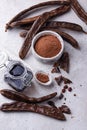 Carob pods, powder and molasses or syrup Royalty Free Stock Photo