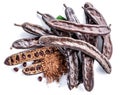 Carob pods and carob powder on the white background Royalty Free Stock Photo