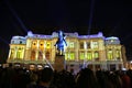 Carol I statue and Central University Library night, festival of lights 2018 Royalty Free Stock Photo