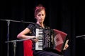 Carol Issacs of the London Klezmer Quartet playing accordion during a faculty concert at the Klezfest music festival, London UK