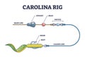 Carolina rig and fishing bait method for bass fish catching outline diagram