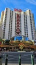 The Carousel Bar at the Fremont Street Experience with restaurants and retail stores and people walking in downtown Las Vegas