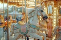 Carousel with colorful horse figures spinning in motion, AI-generated. Royalty Free Stock Photo