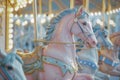 Carousel with colorful horse figures spinning in motion, AI-generated. Royalty Free Stock Photo