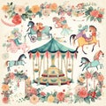 Carousel horse and watercolor flowers. Beautiful circus carousel and colorful flowers. Abstract carousel horse ride illustration.