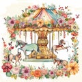 Carousel horse and watercolor flowers. Carousel horse watercolor art with flowers. Beautiful circus carousel and colorful flowers