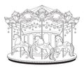 Carousel cute merry go round with horses coloring book pages for kids and adults hand drawn vector illustration