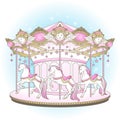 Carousel cute merry go round with horses design for kids in pastel colors hand drawn vector illustration