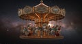 A carousel with ornate decorations and illuminated light bulbs is set against a cosmic Royalty Free Stock Photo