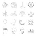 Carousel, shooting range, slides, cotton wool and other attributes.Amusement Park set collection icons in line style