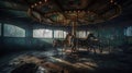 a carousel with two horses inside of a dark room filled with windows and a light fixture in the middle of the room is a mirror