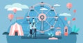 Carousel vector illustration. Tiny amusement park family persons concept.