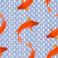 Carp, red fish, goldfish. Traditional eastern seamless pattern. Waves pattern. Vector.