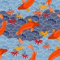 Carp, red fish, goldfish. Traditional eastern seamless pattern. Waves pattern. Vector.