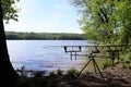 Carp rods prepared for fishing. Carp fishing on the lake. Fishing rods by the water. Rod pod. Royalty Free Stock Photo