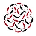 Carp, set of koi carps, red and black fish. Hand drawn circle of fishes. Royalty Free Stock Photo