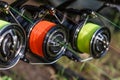 Carp spinning reel angling rods on pod standing. Carp Rods,Carpfishing session at the Lake.Professional fishing equipment