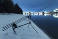 Carp spinning reel angling rods in winter night. Night Fishing