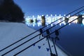 Carp spinning reel angling rods in winter night. Night Fishing