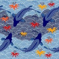 Carp. Traditional eastern seamless pattern.Japanese pattern. Waves pattern. Vector.