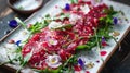 Carpaccio with Arugula and Parmesan on a Ceramic Plate. Close-up food photography