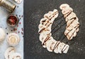 Carpaccio of fresh mushrooms champignon. Appetizer of mushroom slices with pepper, salt and balsamic Royalty Free Stock Photo