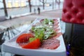 Carpaccio of red beef and pork with tomatoes sprinkled with cheese and greens on a white rectangular plate on a table in a cafe Royalty Free Stock Photo