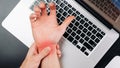 Carpal tunnel syndrome. Hand pain in man injury wrist. Arthritis office syndrome is consequence of computer. Health care Royalty Free Stock Photo