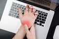 Carpal tunnel syndrome. Hand pain in man injury wrist. Arthritis office syndrome is consequence of computer. Health care Royalty Free Stock Photo