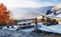 Carpathian mountain landscape with wooden farmhouse. October mou Royalty Free Stock Photo