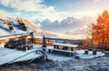 Carpathian mountain landscape with wooden farmhouse. October mou Royalty Free Stock Photo