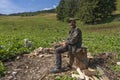 Happy man lumberjack resting after work in the carpathian mountains. Senior man working in garden, Carpathian mountains, Ukraine Royalty Free Stock Photo