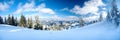 Carpathian mountains, Ukraine. Wonderful snow-covered firs against the backdrop of mountain peaks. Panoramic view of the Royalty Free Stock Photo