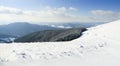 Carpathian mountains, Ukraine. Wonderful snow-covered firs against the backdrop of mountain peaks. Panoramic view of the Royalty Free Stock Photo