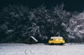Carpathians, Ukraine - December 2019: Yellow Camper Van With Winter Forest On Background