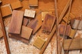 Carpeenter sawdust and decking pieces Royalty Free Stock Photo