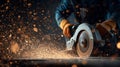 Carpenter in action with circular saw, dramatic sparks Royalty Free Stock Photo