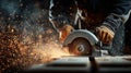 Carpenter in action with circular saw, dramatic sparks Royalty Free Stock Photo