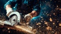 Carpenter in action with circular saw, dramatic sparks Royalty Free Stock Photo
