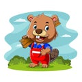 The carpenter beaver holding a board of the wood for making a house