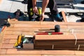 Carpenter building wooden deck construction, Ipe decking hardwood terrace